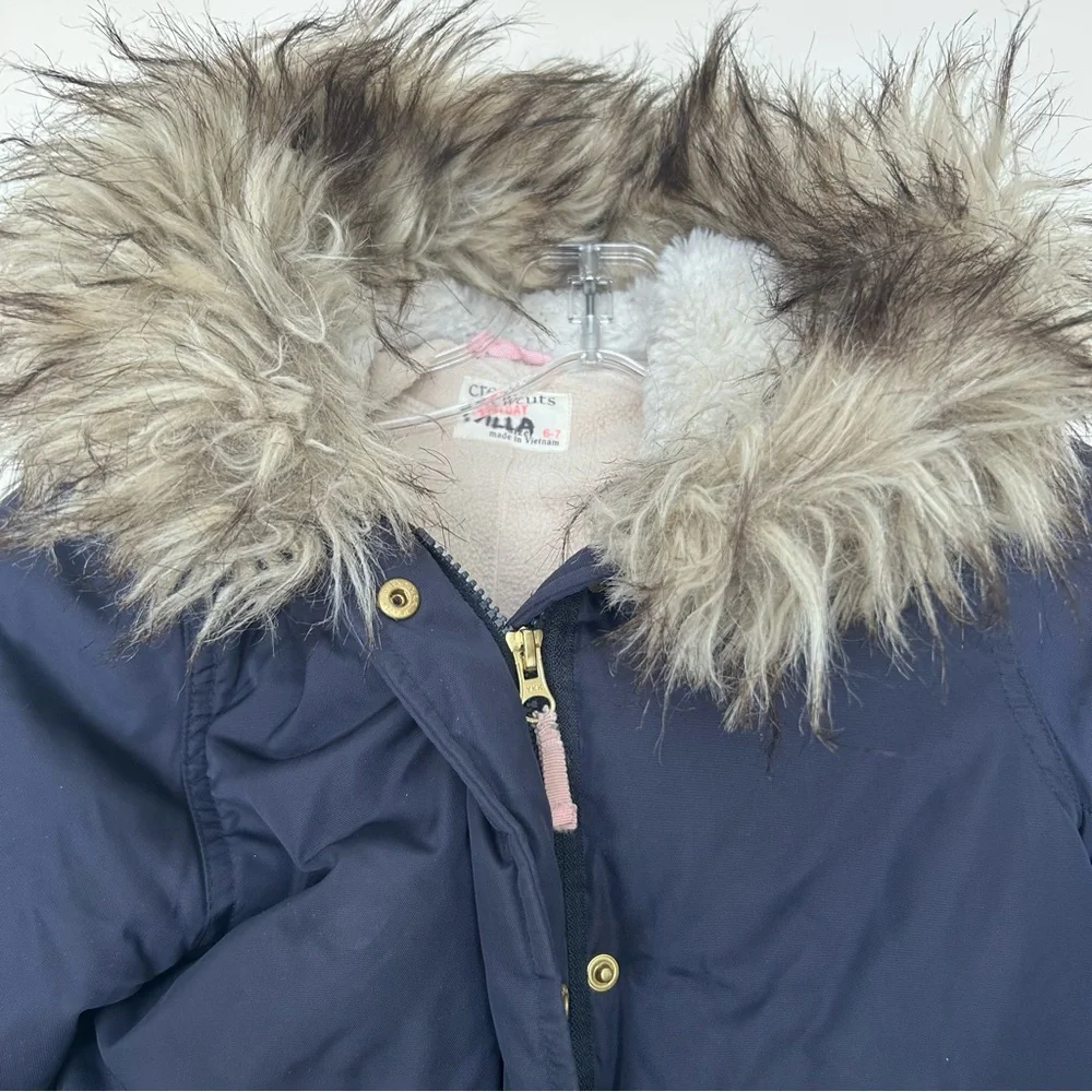 JCrew Crewcuts Boys Navy Fishtail Parka Coat Jacket Fur Size 6-8